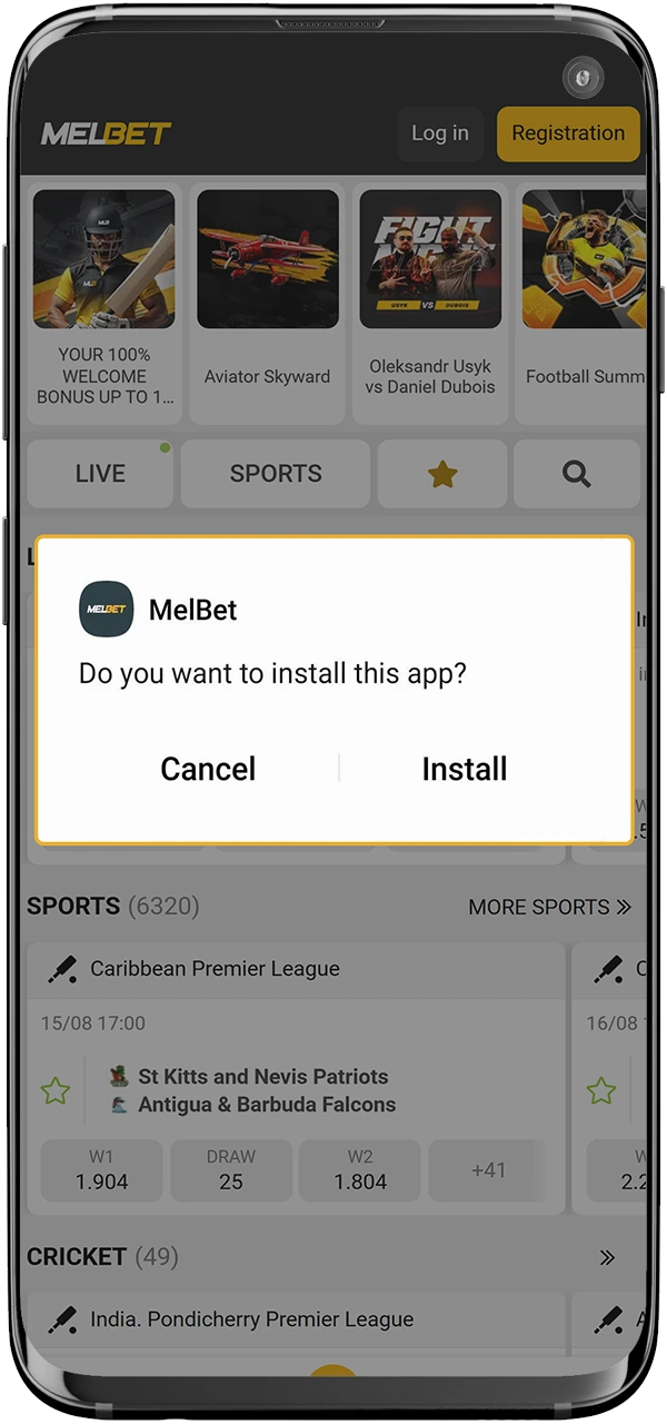 Install the Melbet app for Android.