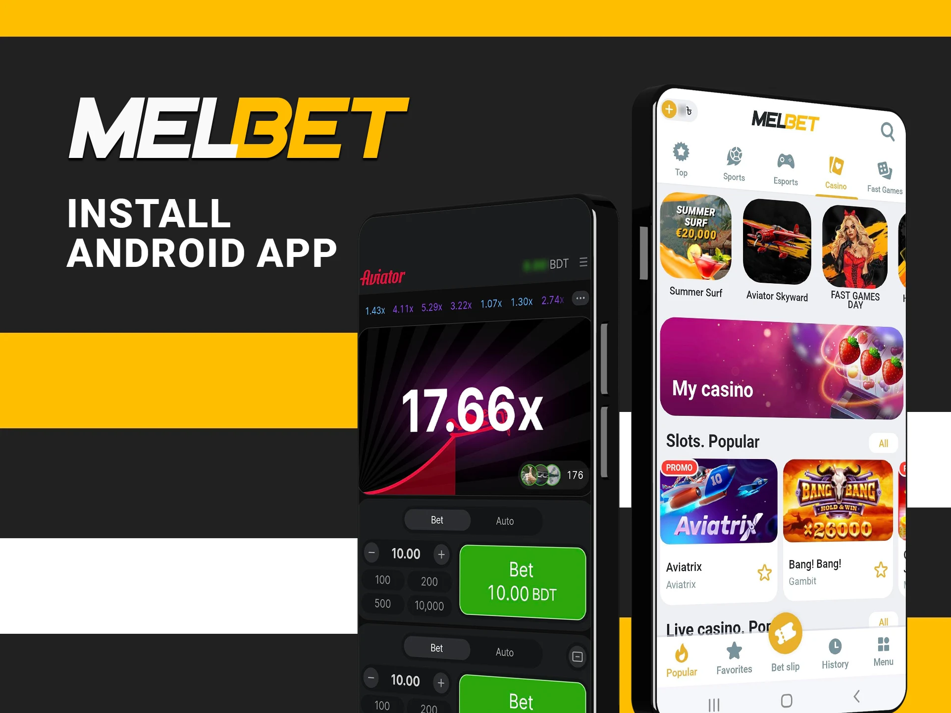 Install the Melbet app on your device to be able to win wherever you are.
