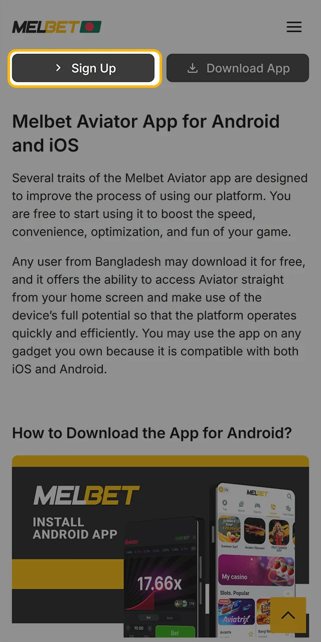 Use the button to quickly proceed to registration at Melbet.