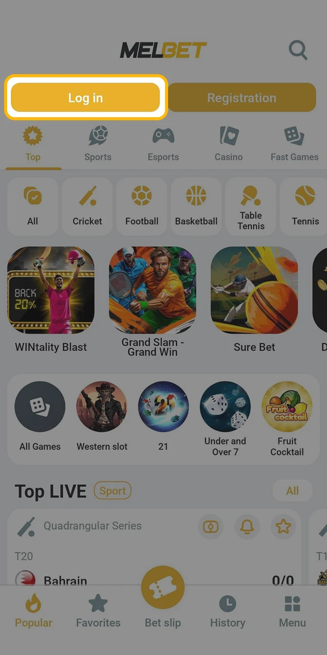 Find the login button to your Melbet account.