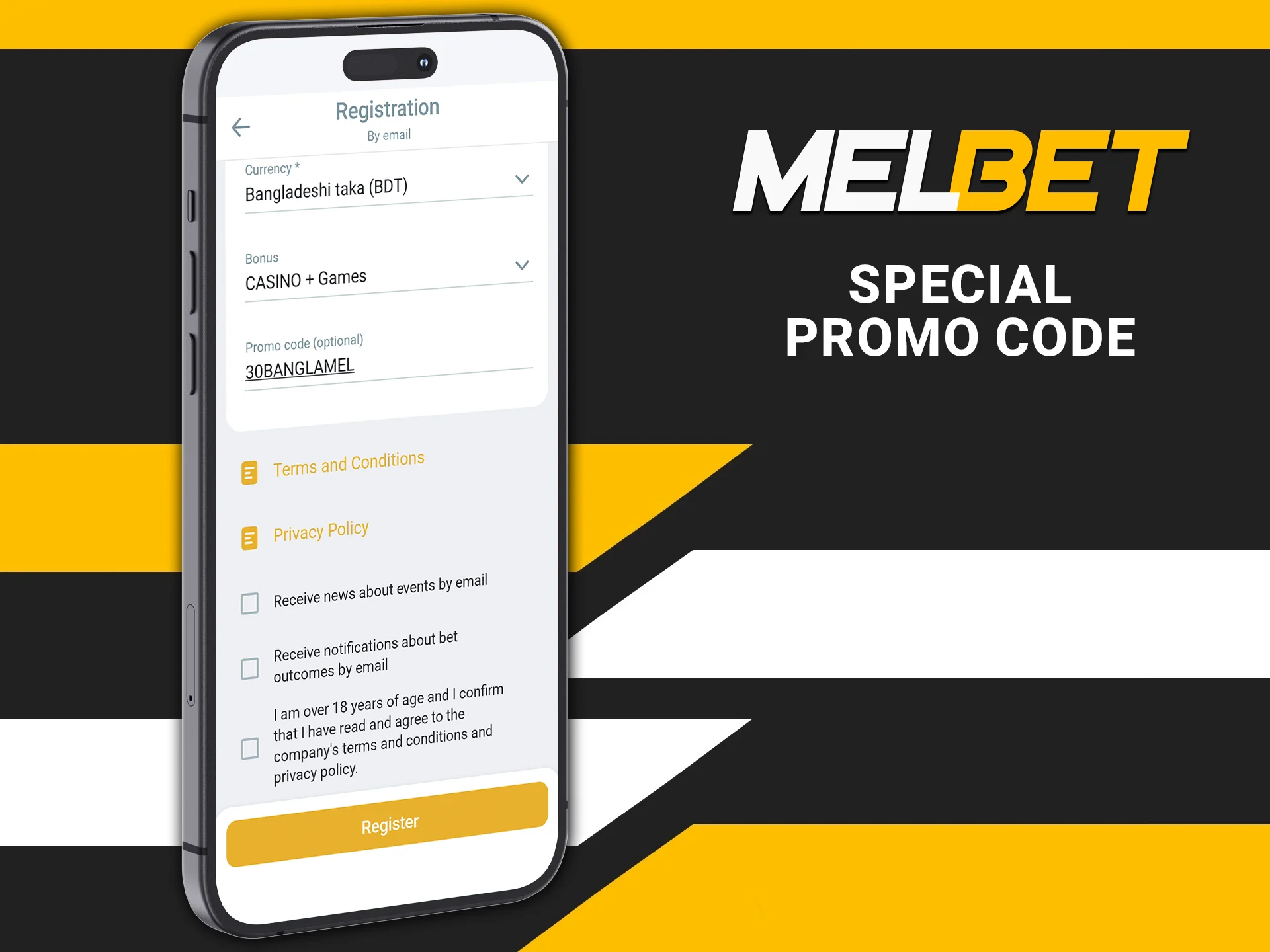 Use the unique Melbet promo code and receive bonuses when you register.
